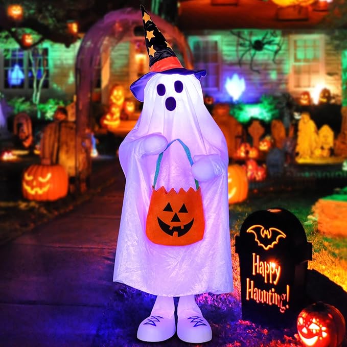 Halloween Decorations Ghost Decor Light-Up Color-Changing Spooky Ghost Porch Decorations Trick or Treater with Candy Pocket, Ghost Halloween Decor for Yard Lawn Home Indoor Outdoor 1PACK 38" H