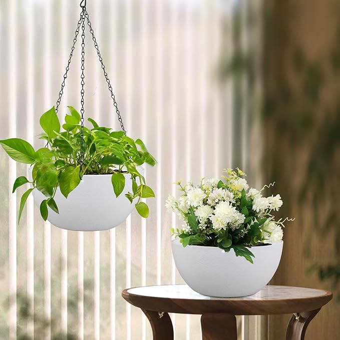 8 inch Small Hanging Planters for Indoor Outdoor Plants, 2 Pack Hanging Flower Pots with Drainage Holes and Chain for Garden Porch Plants, Plastic Hanging Baskets for House Plants, White