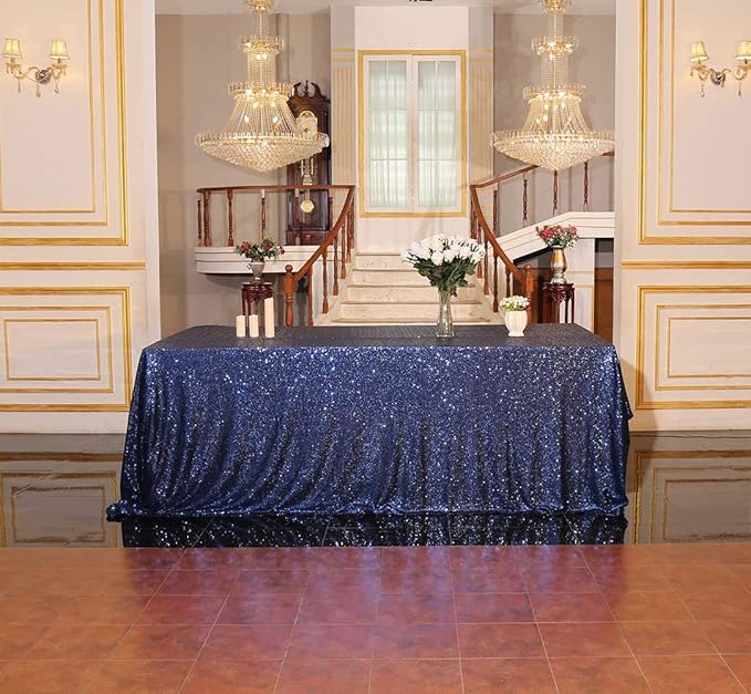 SquarePie Sequin Tablecloth Rectangular 90 x 132 Inch Navy Blue Bling Sparkly Table Linen for Wedding Party