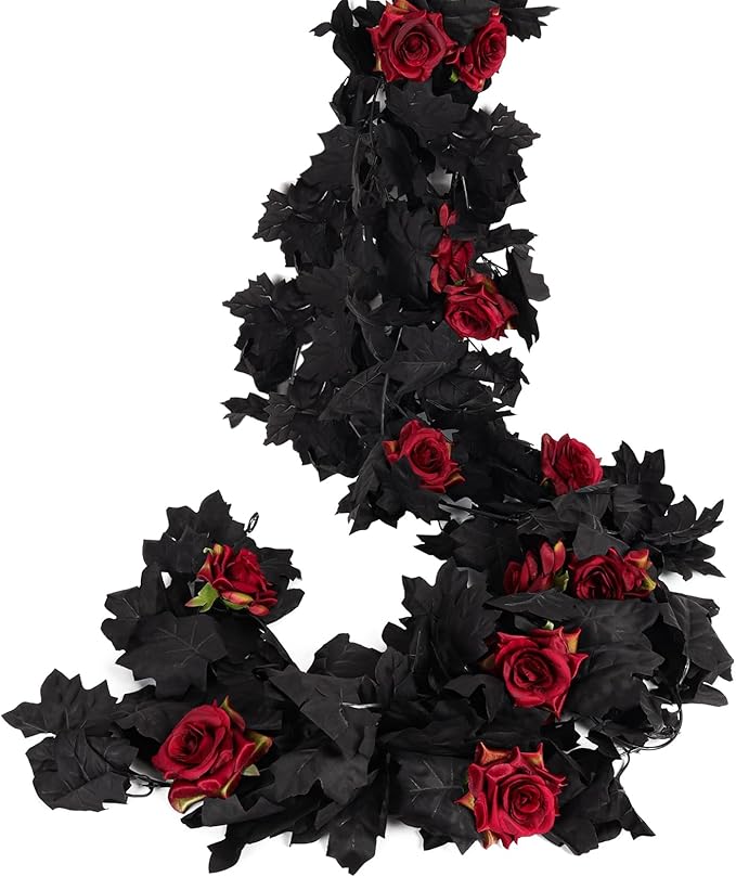 Artificial Black Garland Hanging Vine Artificial Floral Vines Fall Garland Hanging Flower Fake Rose Vines for Black and Burgundy Wedding Decor Halloween Indoor Outdoor Party Wall (Red Rose)