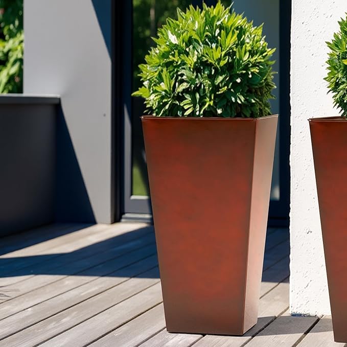 WORTH Garden 25" Large Metal Glazed Planter Set of 2, Luxurious Glossy Finish Red Tall Square Tapered Steel Plant Pots, Decor Flower Pot Indoor & Outdoor, Drainage Hole & Dual-Purpose Plant Saucer