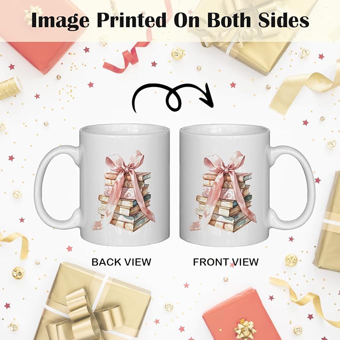JINYO Coquette Pink Bow Books Mug, Book Coffee Cup, Reading Mugs for Book Lovers, Gifts for Readers Books Lovers Women, Bookish Bookworm Gifts for Women, Ceramic Coffee Tea Mug 11 oz