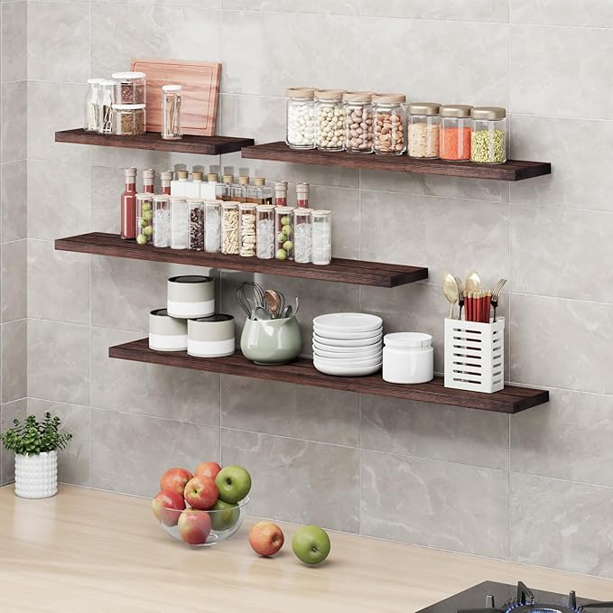 SAUMONIERES Floating Shelves 8 Inch Deep Solid Wood Wide Wall Shelf Set of 2 Wall Mounted for Bedroom Bathroom Living Room Kitchen, 36 Inch Walnut