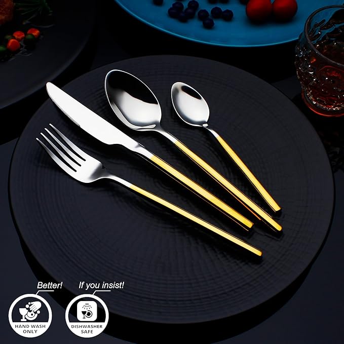 24 Piece Silverware Set For 6 Gold Handle Heavy duty 18/10 Stainless Steel Flatware Set Modern Design Knife/Fork/Spoon Mirror Polished Dishwasher Safe Cutlery Set with Gifts
