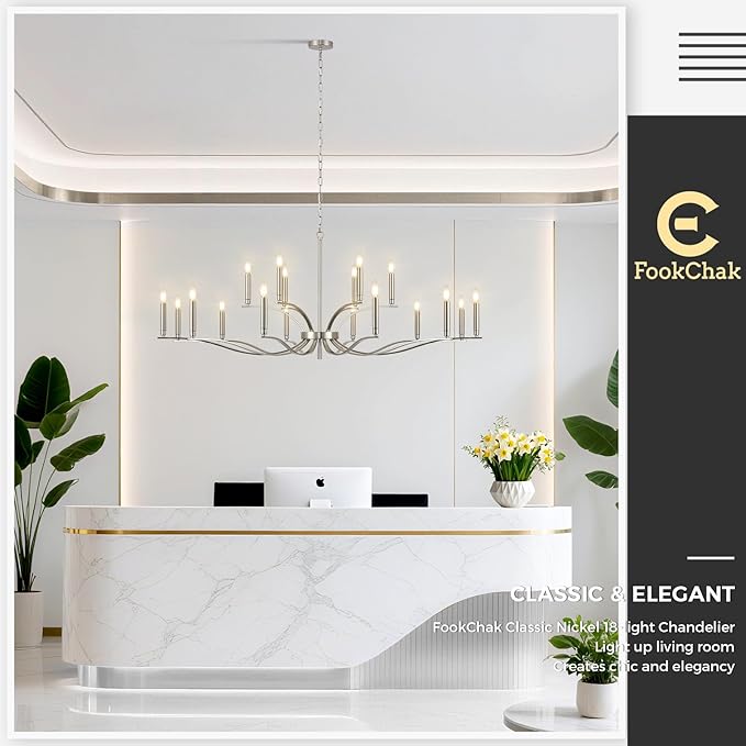 18 Light Nickel Living Room Chandelier High Ceiling Foyer Candle Chandelier Large Modern 59in Metal Chandeliers Hanging Light for Master Bedroom Dining Room Light Fixture Over Table
