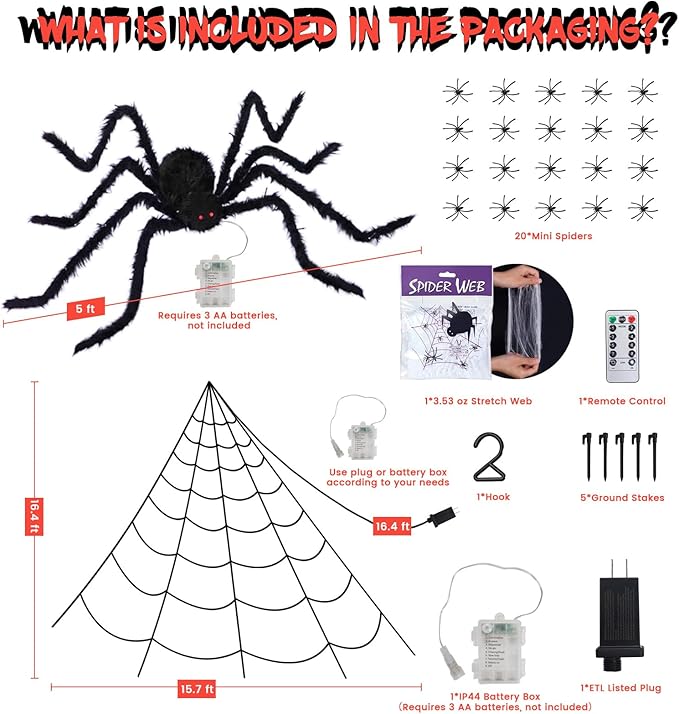 16.4 X 15.8Ft Giant Spider Web Halloween Decorations with 250 LED Lights, Halloween Spider Web Outdoor with 5Ft Large Spider, 3.53 Oz Stretch Web and 20 Small Spiders for Yard House Party Decoration