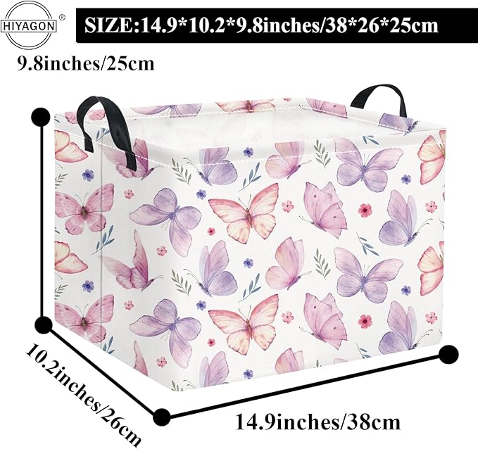 HIYAGON Rectangular Pink Basket for Girls Kids Baby Storage Basket Toy Storage Bin Organizer Box Room Decor(Watercolor Butterfly)