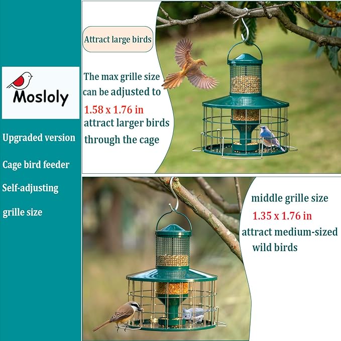 Upgraded Caged Bird Feeders Squirrel-Proof, Flexible Adjustment of Grille Size, 3 Lbs Seed Capacity, DIY Starling-Proof Caged Tube Hanging Wild Bird Feeder, Attract Small Birds(Deep Green)