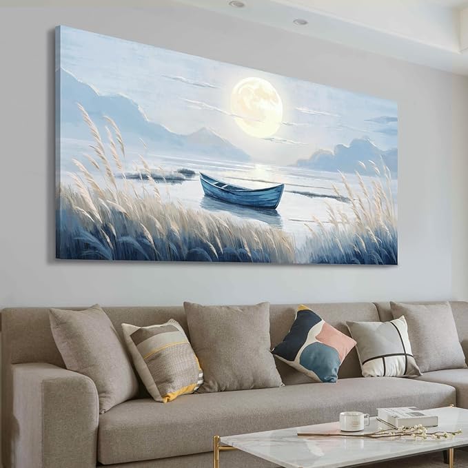 Oversized Large Living Room Wall Art, Blue Wall Decor for Bedroom, Modern Nautical Ocean Beach Seascape Nature Picture Sailboat Moon Lake Mountain Canvas Print Relaxing Serene Coastal Rustic Artwork