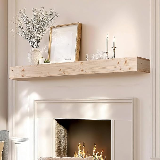 72x8x5 Fireplace Mantel - Handcrafted Hollow Rustic Solid Wood Wall Mounted Floating Shelf with Invisible Heavy Duty Wood Bracket (DIY Color)