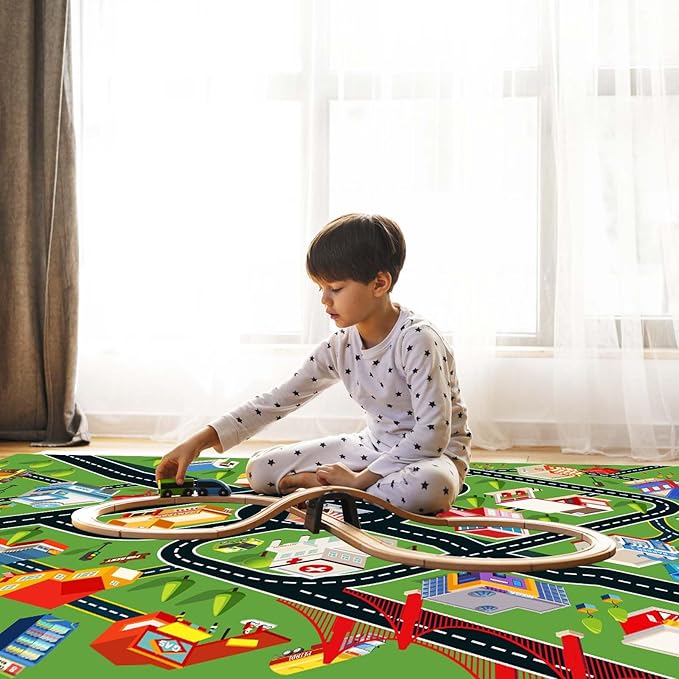 Kids Rug Car Rugs for Kids Toy Cars Play Mat with Rubber Backing City Life Road Rug for Cars Fun City Map for Carpet for Bedroom Boys (RED-Rug, 5.2x7.9ft)