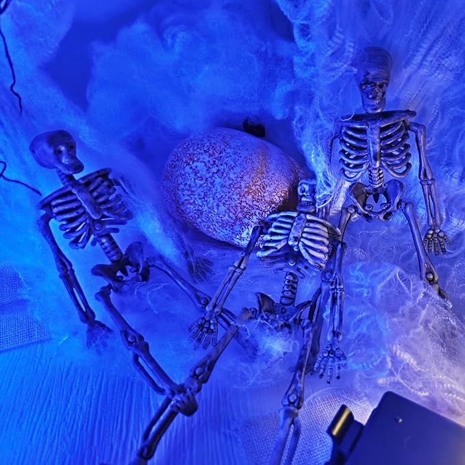 16 Pcs mini skeleton halloween decoration With hemp rope,6”small plastic posable halloween tiny skeleton figurines decor for Halloween Indoor Outdoor Graveyard Decor Haunted House Party Favors