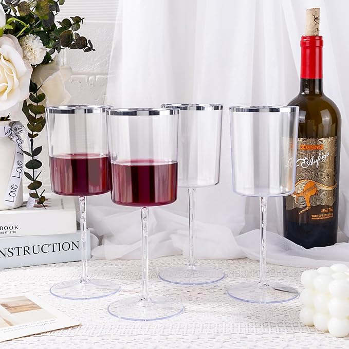 Ciaell 12 Pack Plastic Wine Glasses - 14 Oz Plastic Wine Glasses with Stem - Square Silver Disposable Stemmed Glass for Parties & Weddings & Outdoors