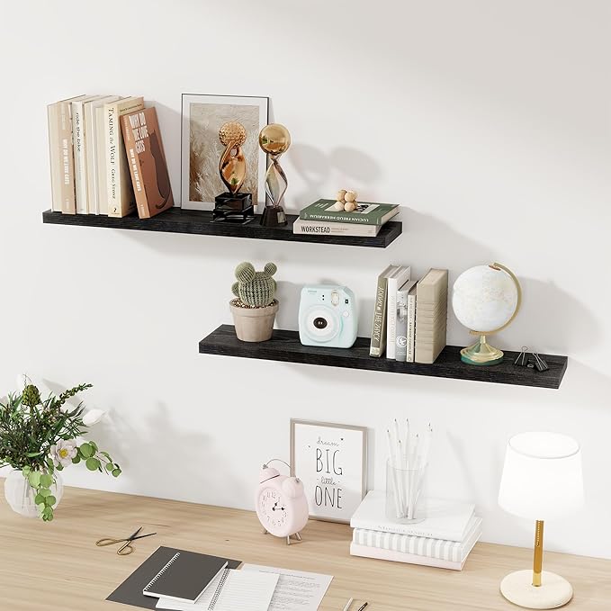 Fun Memories 36Inch Floating Shelves for Wall 2 Pack Wood Shelves for Kitchen, Bathroom, Bedroom Wall Mounted Rustic Wood Floating Shelf with Invisible Brackets for Books, Storage, Decor, Black