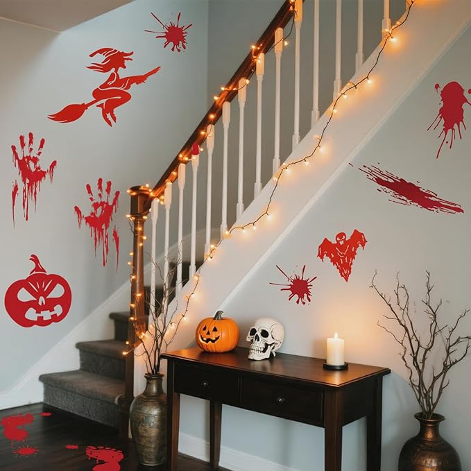 8 Sheets Halloween Window Clings, Bloody Handprint Footprint Window Stickers Scary Halloween Decorations Self Adhesive Wall Decal for Party Bathroom Car Door Zombi Restroom Sign Decals-85 Pcs