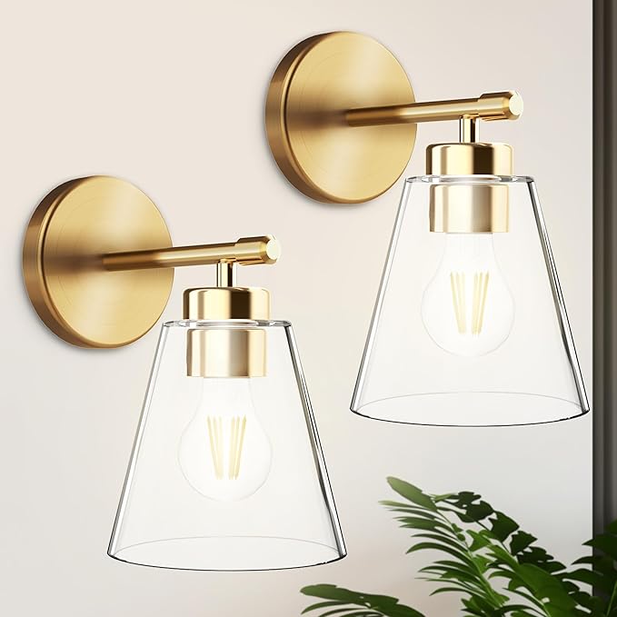 Hamilyeah Gold Wall Sconces Set of 2, Bathroom Sconce Lighting Fixtures, Modern Industrial Sconces Wall Lighting Indoor, Brass Wall Lamps for Bedroom Living Room Kitchen Over Sink Hallway