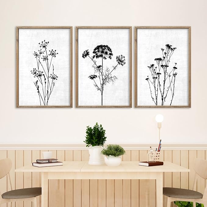 Flower Plant Wall Art Decor 16"x11" Set of 3 Black And White Botanical Painting Wood Framed For Minimalist Bedroom Office Rustic Living Room Abstract Wildflower Sign Hanging (Wood White)
