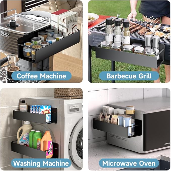 6 Pack Magnetic Spice Rack for Refrigerator, Black Magnetic Shelf for Kitchen Organizer and Storage, Mini Organizers for Oven and Fridge with 6 Hooks