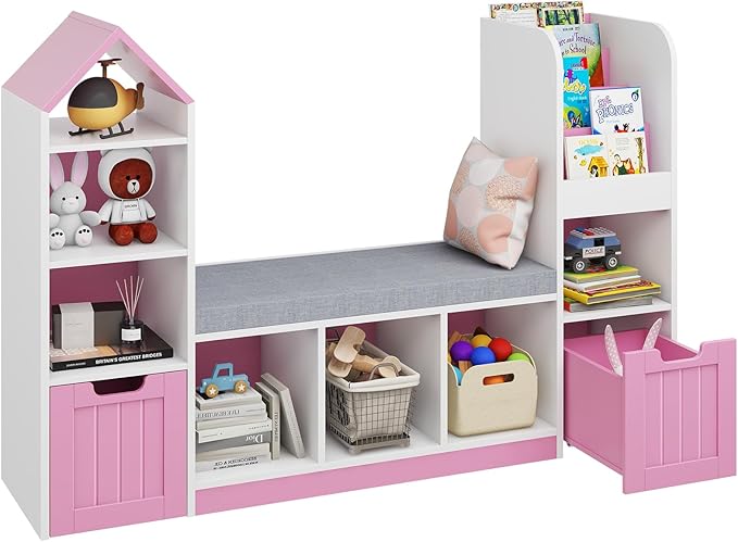 Toy Storage Organizer for Kids Bookshelf with Reading Nook, Multifunctional Kids Bookcase with 7 Storage Cubbies, 2 Movable Drawers and Seat Cushion for Keeping Kids' Toys Books Organized, Pink