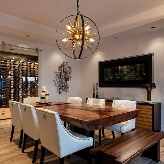 17.72'' Black Gold 8-Light Globe Sputnik Chandelier Modern Industrial Adjustable Hanging Ceiling Firework Pendant Light Fixture for Entryway Stairway Kitchen Dining Living Room Hallway