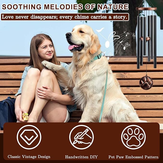 Dog Memorial Gifts, 34" Pet Memorial Wind Chimes for Loss of Dogs, Pet Loss Passing Away Remembrance Sympathy Bereavement Gift, DogPaw Vintage Wind Chime for Outside (DIY 34" Pet Memorial)