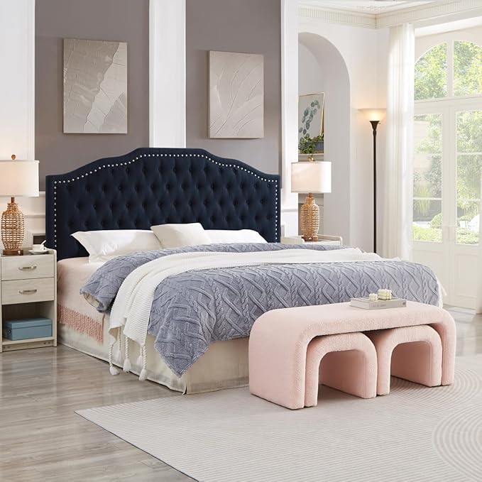 24KF Upholstered Button Tufted King Size Headboard with Nailhead Trim, Elegant Boucle Fabric California King headboard, 6031-K-Boucle-Navy