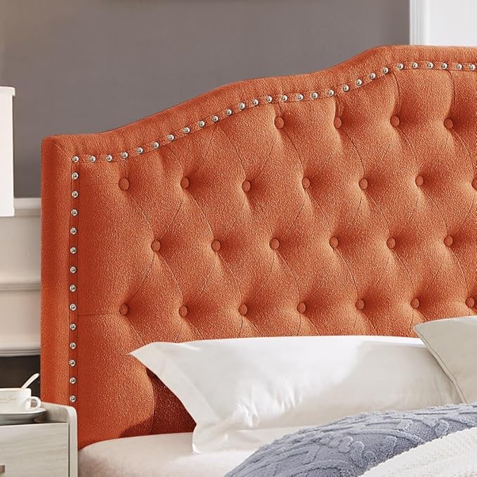 24KF Upholstered Button Tufted King Size Headboard with Nailhead Trim, Elegant Boucle Fabric California King headboard, 6031-K-Boucle-Orange