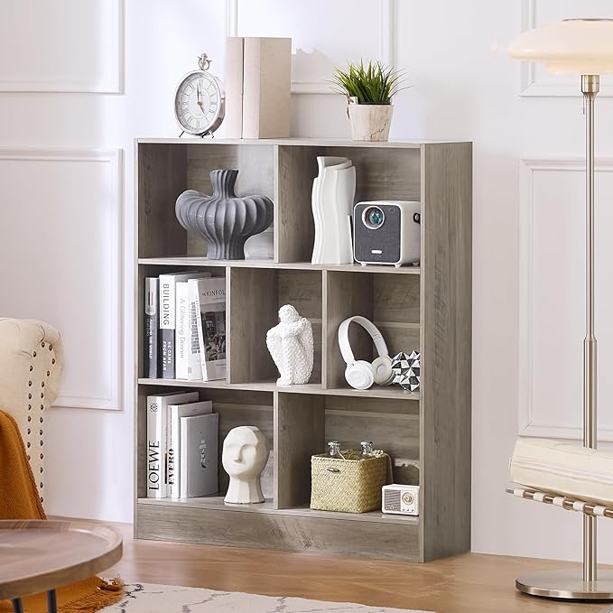 LEYAOYAO 7 Cube Bookshelf with Base,3 Tier Mid-Century Modern Grey Bookcase,Standing Wide Bookshelves Storage Organizer Shelf,Rustic Wood Display Cabinet Book Shelves for Bedroom,Living Room,Office