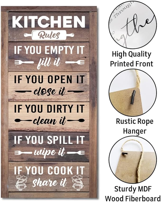 Hanging Kitchen Rules Wood Decor Sign, Rustic Kitchen Wooden Signs, Printed Wood Wall Art Sign, Kitchen Door Rules Rustic Sign, Hanging Wood Sign Kitchen Decor, Funny Farmhouse Kitchen Wall Décor