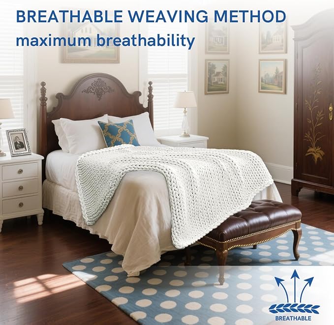 YnM Cooling Chunky Throw Blanket, Medium-Weight, Hand Knitted, Skin Friendly, Ventilated and Breathable, Machine Washable, Home Décor Piece for Couch, Sofa and Bed (White, 60x80 Inch)