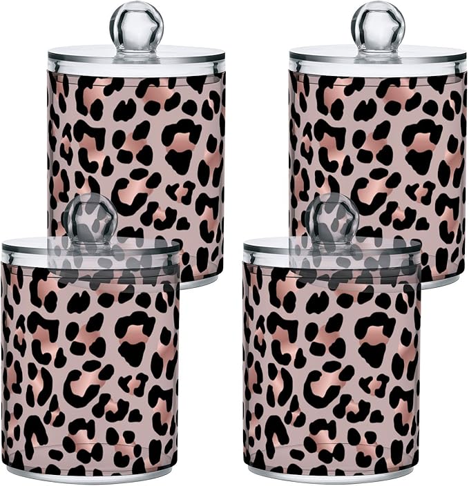 2 Pack Qtip Holder Dispenser Rose Gold Black Leopard Bathroom Storage Canister Lid Acrylic Plastic Apothecary Jar Set Vanity Makeup Organizer for Cotton Swab/Ball/Round Pads, Floss
