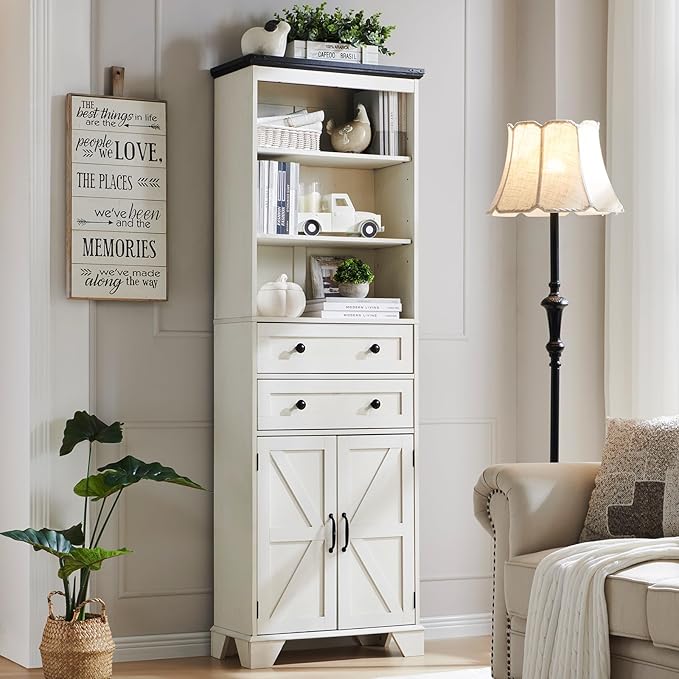 72" Tall Bathroom Storage Cabinet, Farmhouse Storage Cabinet with 2 Drawers, Adjustable Shelves & Barn Door, Cabinet for Bathroom, Living Room, Kitchen, Off White