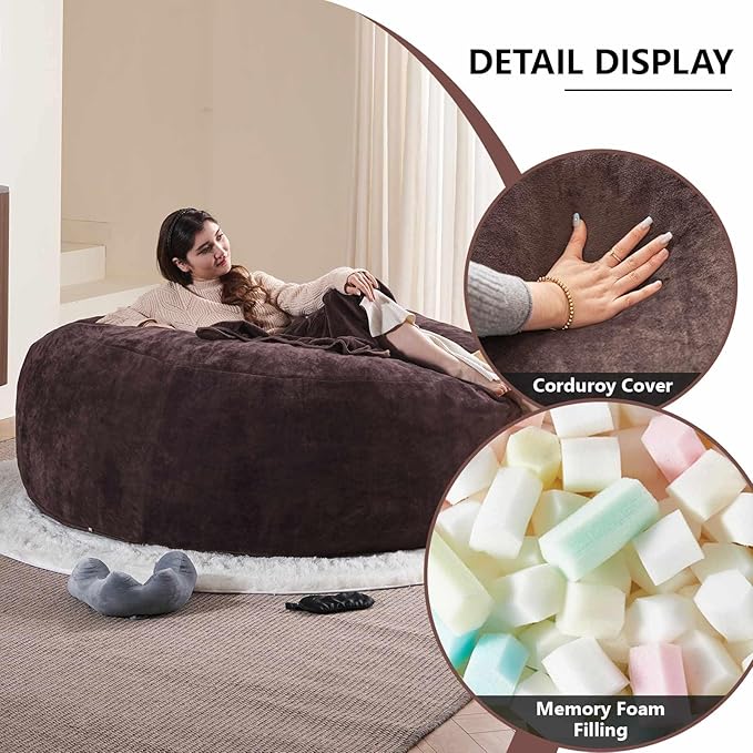 6FT,Oversized Bean Bag Chairs for Adults,Giant beanbag with Filler Included,Fluffy Memory Foam,Soft and Comfy Corduroy Fabric,Gaming Chairs Suitable for Living Room and Bedroom (Brown, 6 Foot)