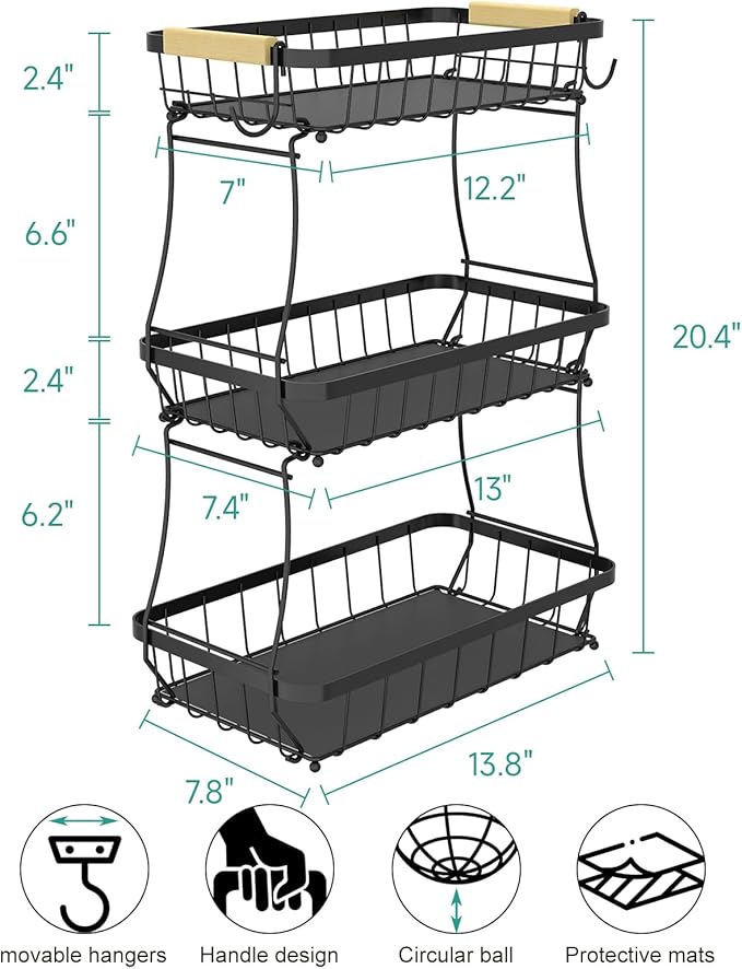 3 Tier Fruit Basket for Kitchen Counter with 2 Mobile Banana Hangers, 2025 Pro Detachable Metal Fruit Bowl with Wooden Handle, Fruit Holder for Bread Snack Veggies with Protective Mats