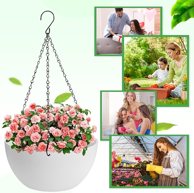 13 inch Hanging Planters for Indoor Plants, 2 Pack Planters for Outdoor Plants with Drainage Holes and Chain, Round Plastic Hanging Baskets, Hanging Flower Pots for Balcony Garden Decor-White