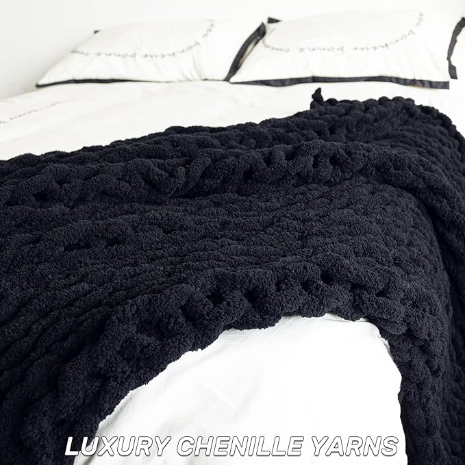 Chunky Knit Blanket - Luxury Soft Cozy 50 * 60 Throw Blanket,100% Woven Blanket Rope Knot Throw Blanket for Couch, Sofa, Home Decor, Gift - Machine Washable(Black)