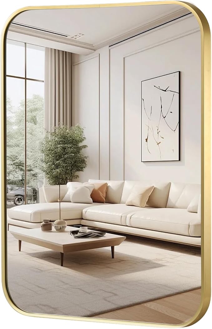 FARMER 24x32 Inch Gold Bathroom Mirror, Rectangle Vanity Mirror, Brushed Mirrors for Wall, Metal Frame Hanging Mirror with Round Corner for Bedrooms, Entryways, Living Rooms, Horizontal/Vertical