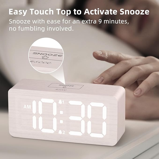 uscce Wooden Digital Alarm Clocks for Bedrooms: Dimmable Dual Alarm Clock with Large Numbers for Bedside Desk - Loud Alarm for Heavy Sleepers with Volume Control - Wood Decor & Gifts