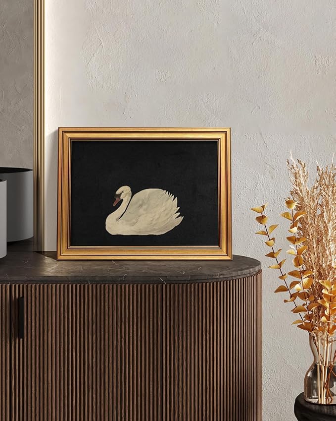 HUARCEY Gold Framed Vintage Wall Art for Living Room, Grace Swan Art Painting Pictures Rustic Animal Bathroom Prints Farmhouse Wall Decor Canvas Swan Shelf Decor for Kitchen Bedroom (Zwaan 12"x16")