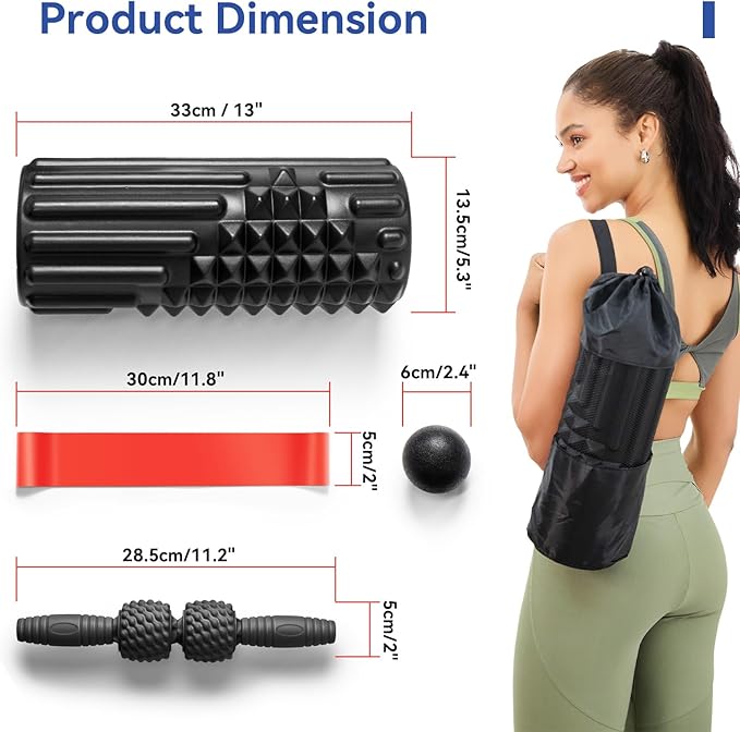 5 in 1 Foam Roller Set, High Density Foam Roller, Muscle Roller Stick, Massage Ball, Resistance Band for Physical Therapy & Deep Tissue Muscle Massage (Black)