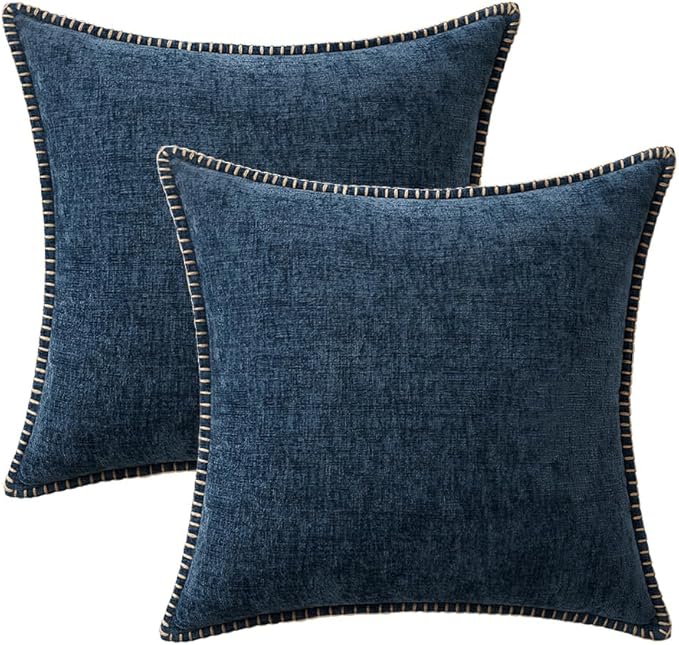 MIULEE Pack of 2 Couch Throw Pillow Covers 16x16 Inch Navy Blue Farmhouse Decorative Pillow Covers with Stitched Edge Soft Chenille Solid Dyed Spring Pillow Covers for Sofa Bed Living Room