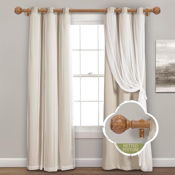 2 Pack Wood Curtain Rods for Windows 28 to 48 Inch(2.3-4Ft),1 Inch Adjustable Curtain Rod,Heavy Duty Curtain Rods,Wooden Netted Texture Drapery Rods,Single Window Curtain Rod 18-45",Brown Wood