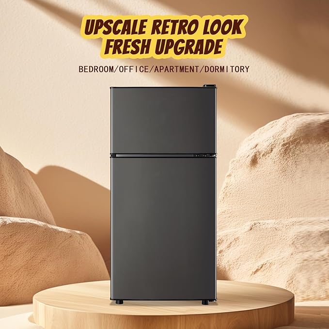 2.4 Cu.ft Mini Fridge with Freezer Compact Fridge Refrigerator Dual Door Small Fridge Senven Temp Gear Removable Shelves Dark Grey