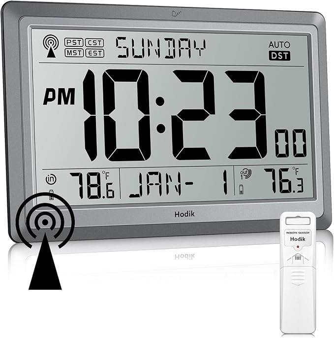 Wall Clock Atomic with Indoor Outdoor Temperature Battery Powered, Easy Reading with 10.5 Inch Large LCD Display, 330FT Range Table Wall Clock With DST, 12/24 Hour for Living Room Kitchen (Silver)