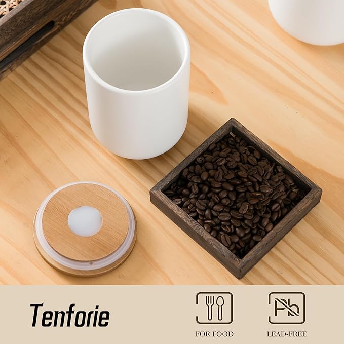 White Canister Sets for Kitchen, 3pcs Ceramic Canisters with Airtight Wooden Lid, Food Storage Jar, Large Kitchen Storage Containers for Serving Coffee Beans, Tea, Sugar, Salt, Spices
