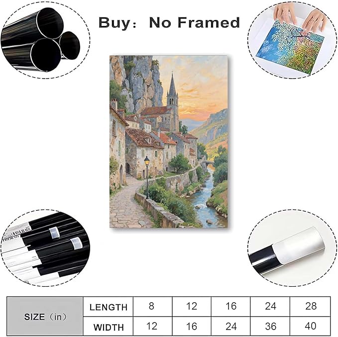 Small town scenery poster on the bank of the mountain stream is suitable for living room bedroom and office natural oil painting poster