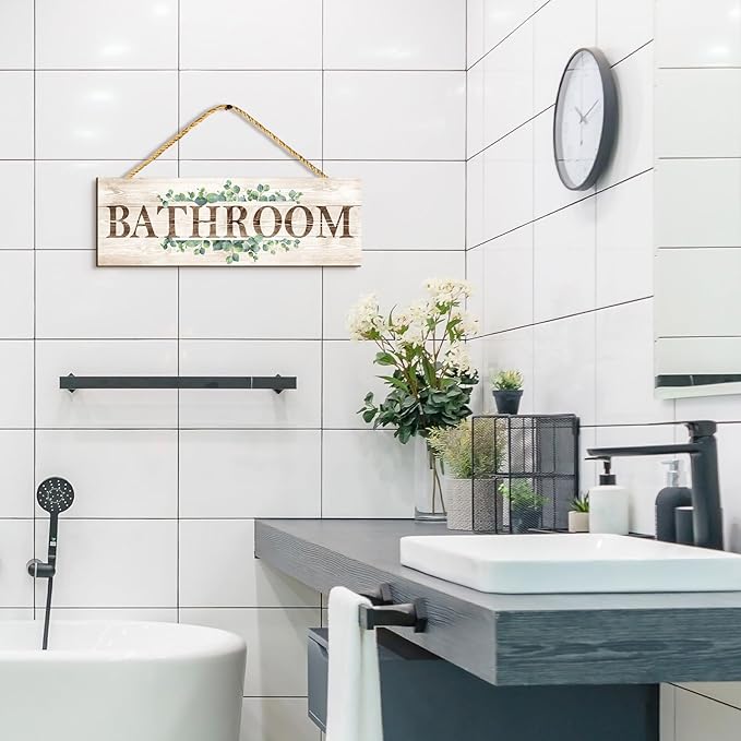 Bathroom Kitchen Laundry Pantry Sign Wall Decor 4 Piece, Wall Art with Plant Print, Rustic Farmhouse Wall Hanging Plaque Home Kitchen Decorative Bathroom, 4.7 x 13.7 inches