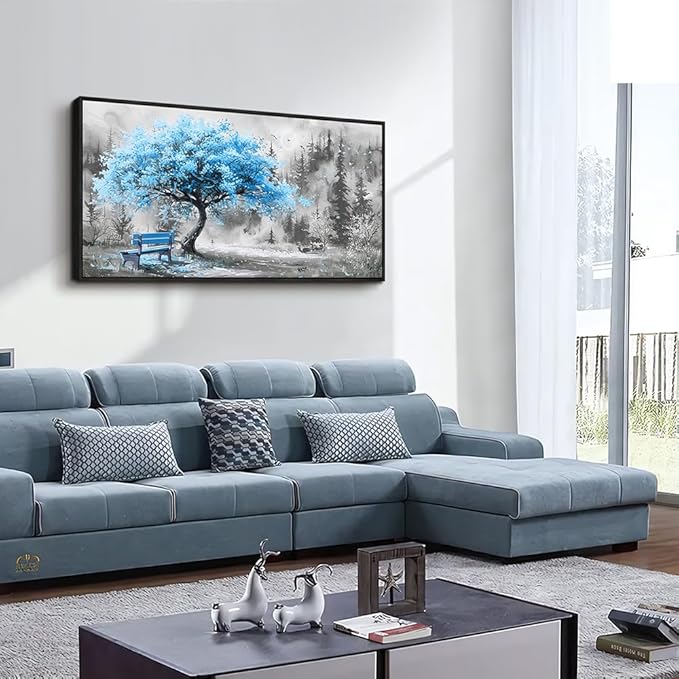ZUITINGHUA Black Framed Canvas Wall Art For Living Room Wall Decor For Bedroom Office Wall Decoration Blue Tree Landscape Painting Black And White Picture Artwork Room Aesthetic Home Decor 20x40 In