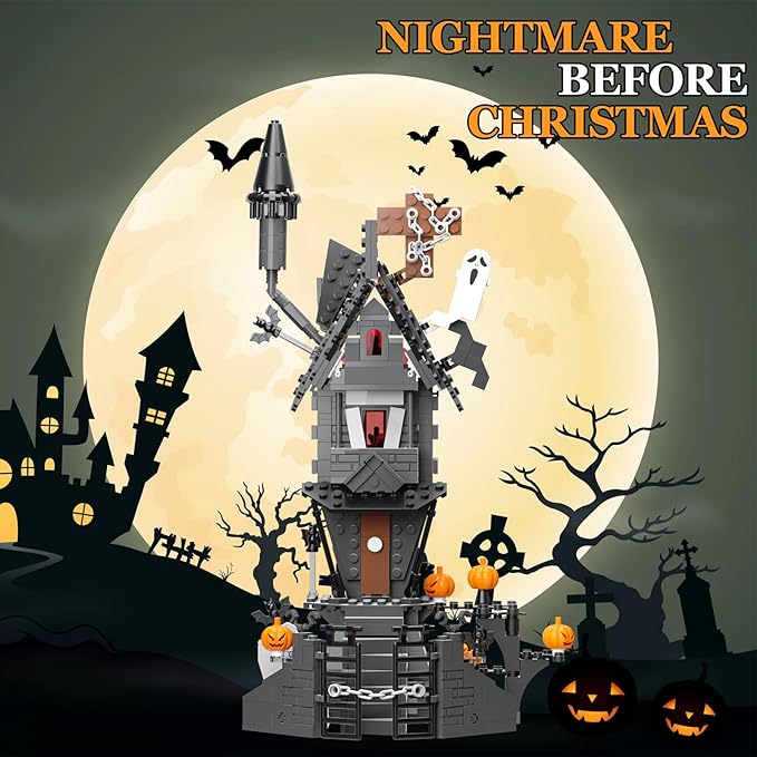 Mini Bricks Haunted Graveyard House Building Set - 1092 PCS Halloween Spooky Construction Toy Kit for Kids & Adults (Not Compatible with )