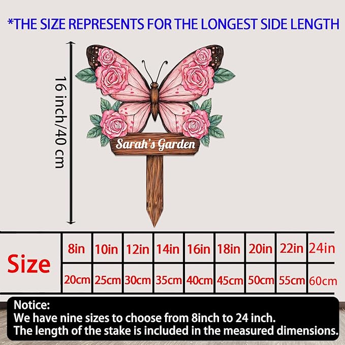 Personalized Butterfly Metal Sign with Stake,Custom Gardener Last Name Signs Outdoor Decorate,Customized Garden Accessories Decor for Mother's Day,Rose Flowers Plaques for Patio Lawn Porch Backyard